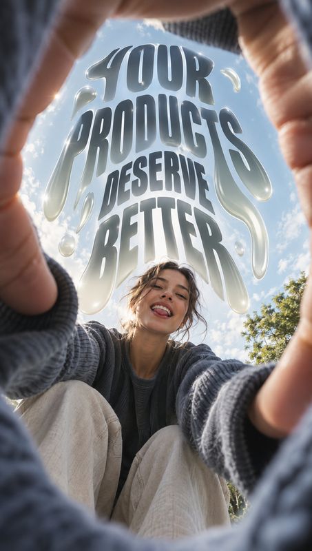 posters product photo: A smiling woman frames herself against the sky with her hands as oversized, glossy headline lettering fills the space above her, creatin…