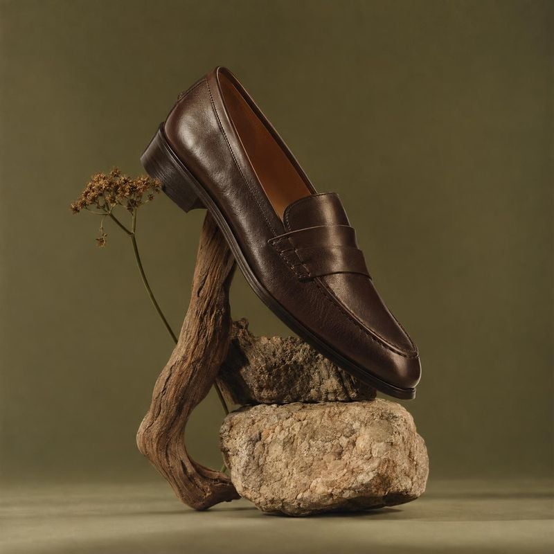 brown leather loafer close-up detail product photo: A polished brown leather loafer is propped on weathered wood and stone against an olive studio backdrop, wi…