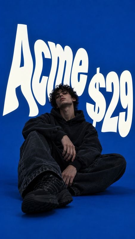 casual outfit model try-on product photo: A seated model in dark streetwear poses against a vivid blue studio backdrop, with oversized white lettering and a $2…