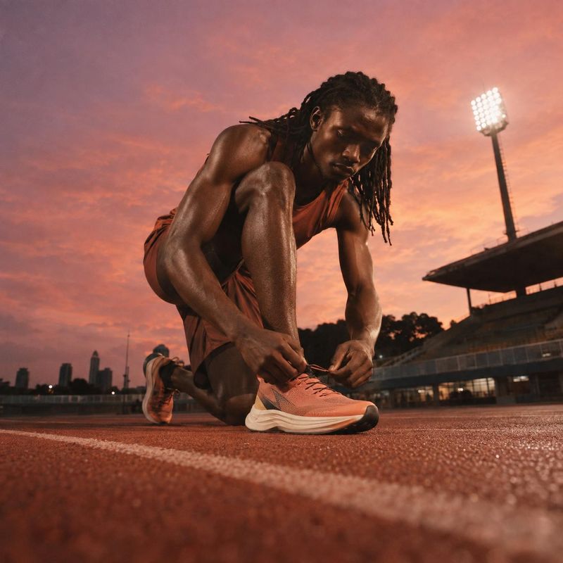 running shoes model try-on product photo: A runner crouches to tie his coral shoes on a track beneath a vivid sunset sky, with stadium lights and stands in the…