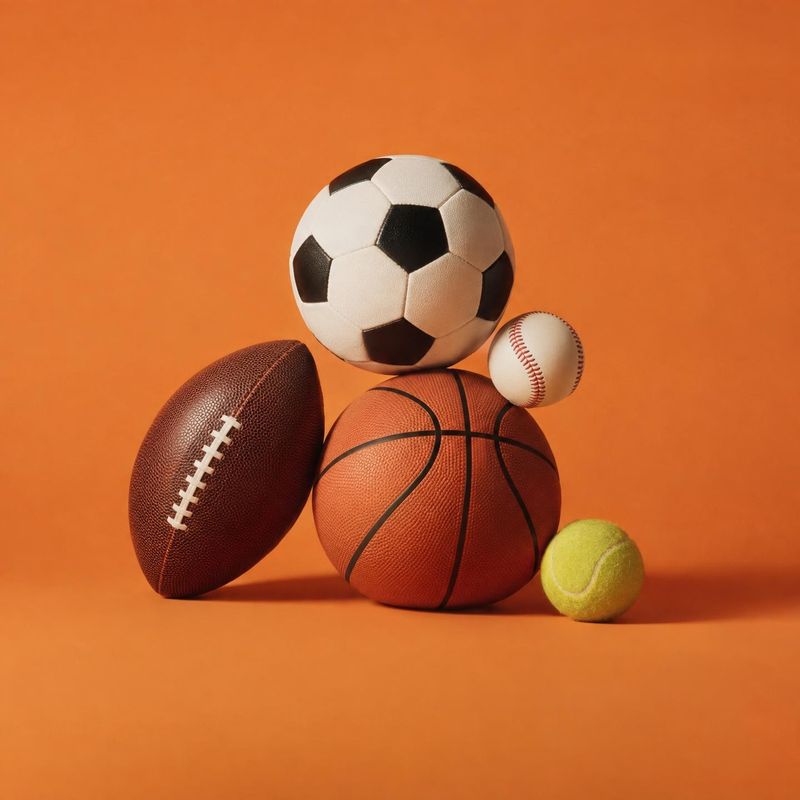 assorted sports balls group lineup product photo: A soccer ball, basketball, football, baseball, and tennis ball are stacked together against a seamless orange…
