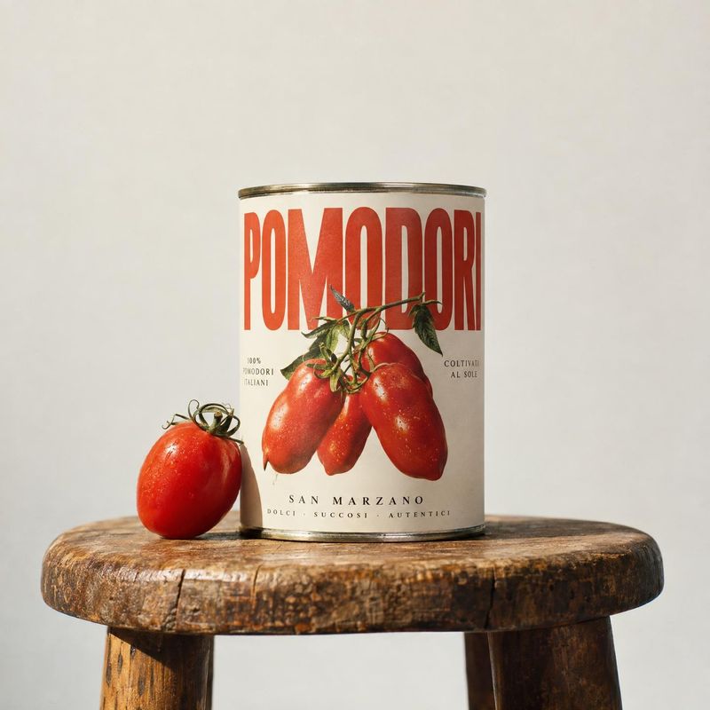 canned San Marzano tomatoes ingredients product photo: A can labeled Pomodori and a fresh tomato sit on a rustic wooden stool against a softly lit cream studio…