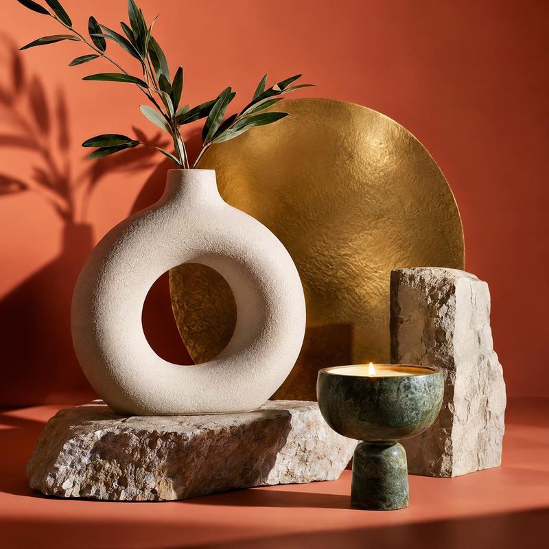decorative ceramic vase still life product photo: A sculptural ivory vase with leafy branches and a lit stone-textured candle is arranged on rough stone blocks…