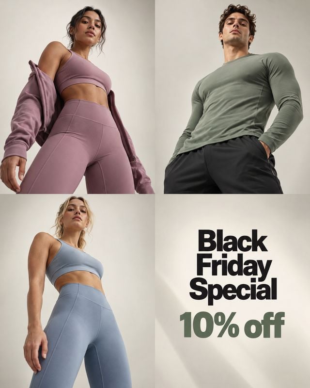 activewear model try-on product photo: Three adult models pose in coordinated activewear against a softly lit neutral studio backdrop, paired with bold Black F…