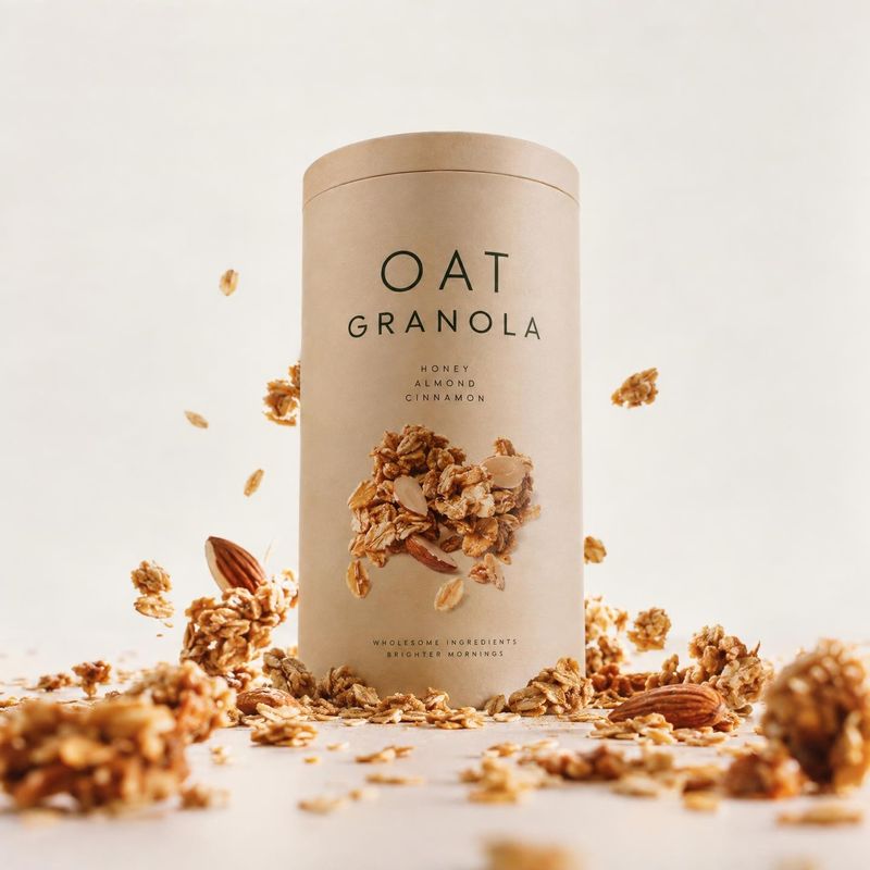 granola ingredients product photo: A kraft-colored granola canister stands amid scattered oats, almonds, and granola on a pale surface, lit softly against a wa…