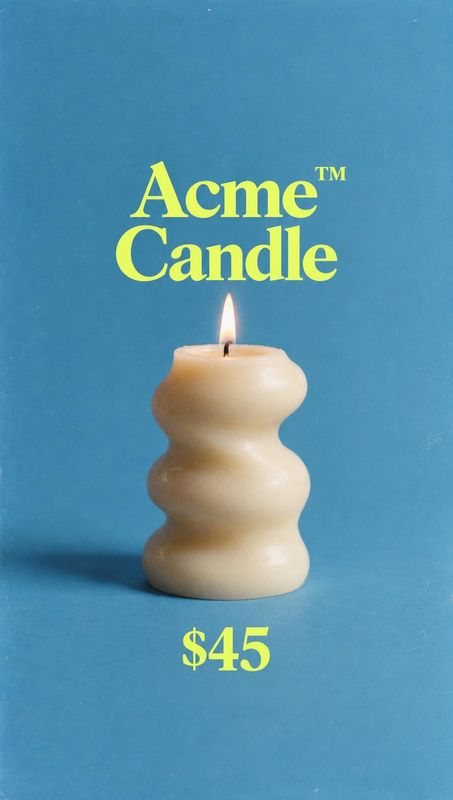 sculptural candle posters product photo: A sculptural cream-colored candle burns against a blue studio backdrop, framed by bold lime-yellow product lettering a…