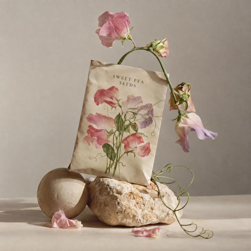 sweet pea seeds still life product photo: A vintage-style packet of sweet pea seeds is staged among stones and delicate pink flowers against a warm neutral bac…