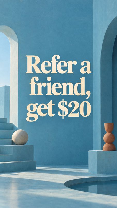 posters product photo: Large cream-colored referral text anchors a minimalist blue architectural scene with geometric arches, steps, and sculptural objects, li…