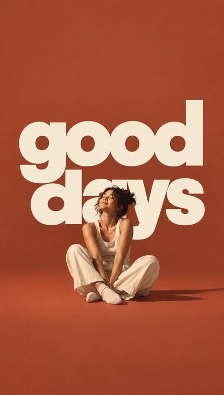 look book product photo: A woman in a relaxed cream outfit sits against a terracotta studio backdrop beneath oversized cream “good days” lettering, with warm l…