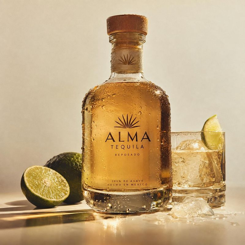 tequila still life product photo: An amber tequila bottle beaded with condensation sits beside an iced drink and fresh lime on a warm-toned tabletop, lit with…