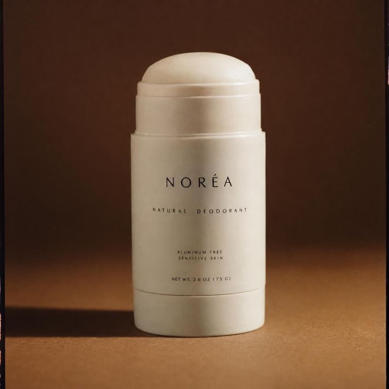 natural deodorant packshot product photo: A cream-colored natural deodorant stands centered against a warm brown studio backdrop, lit with soft directional lig…