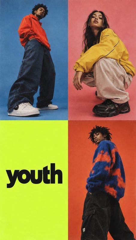 streetwear apparel look book product photo: A bold streetwear collage pairs three casually posed models in oversized colorful outfits against saturated studio…