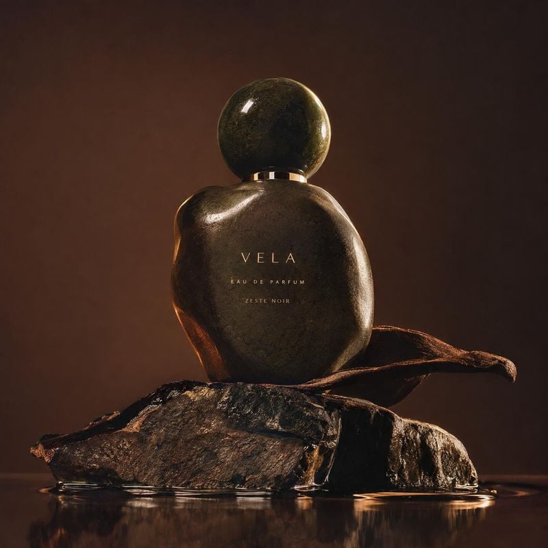 perfume still life product photo: A sculptural dark perfume bottle rests on rugged rocks above a reflective pool, lit with warm dramatic highlights against a d…