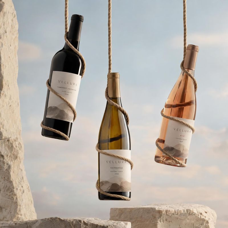 wine bottles floating product product photo: Three labeled wine bottles hang from thick ropes against a softly clouded sky, framed by pale stone in warm natura…