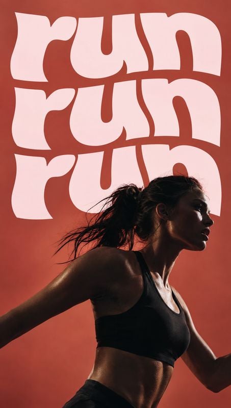sports bra model try-on product photo: An athletic woman in a black sports bra runs across a warm red studio backdrop, with oversized pale lettering stacked be…