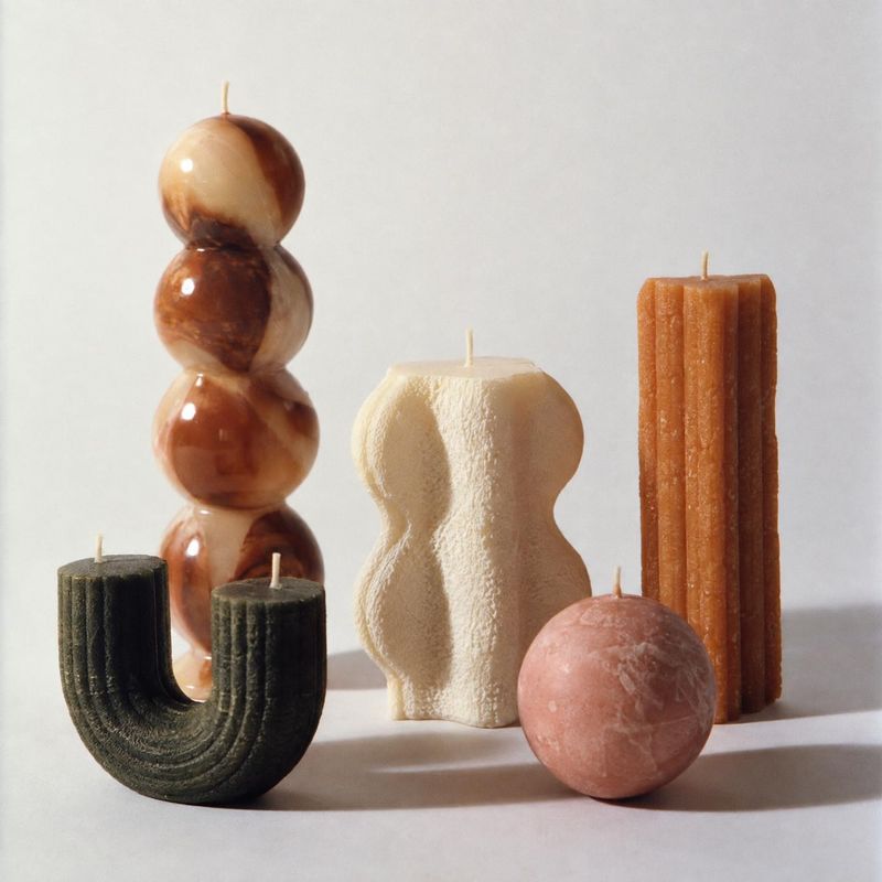 sculptural candles still life product photo: A collection of sculptural candles in varied earthy colors and shapes is arranged against a pale studio backdrop,…