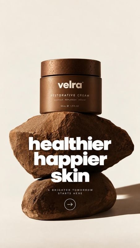 restorative cream still life product photo: A bronze restorative cream jar sits atop stacked natural stones against a warm cream studio backdrop, paired with b…