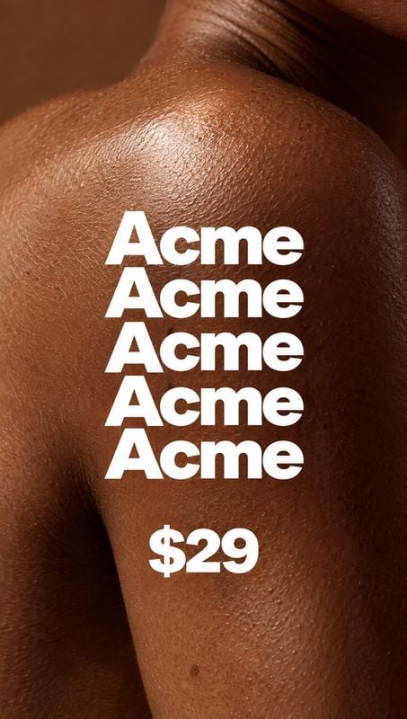 beauty close-up product photo: A warmly lit close-up of a person's shoulder and upper arm is overlaid with repeated bold white “Acme” lettering and a prominent…