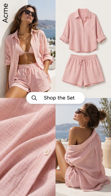 pink linen shirt and shorts set model try-on product photo: A woman models a relaxed pink shirt-and-shorts set in a sunny coastal setting, paired with product…