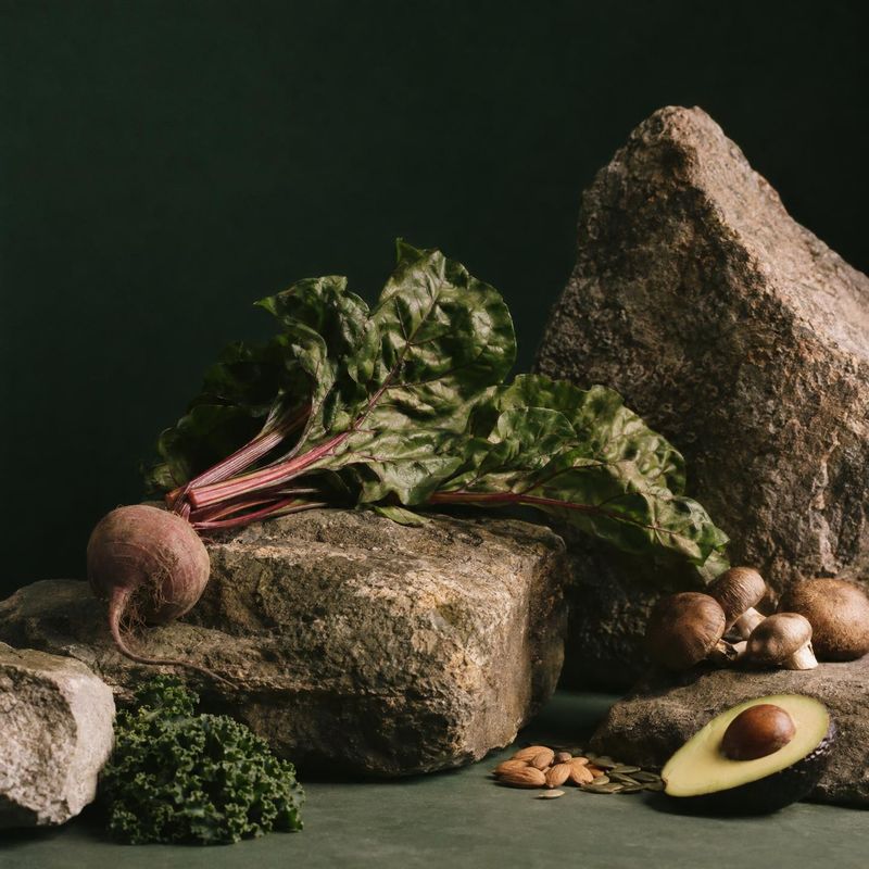 fresh produce and food ingredients ingredients product photo: A moody still life of leafy greens, beetroot, mushrooms, avocado, and nuts arranged among rough s…