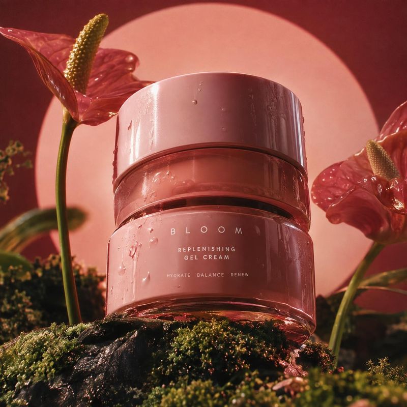 replenishing gel cream close-up detail product photo: A dewy pink skincare jar sits among moss and glossy tropical flowers against a warm circular backdrop, li…