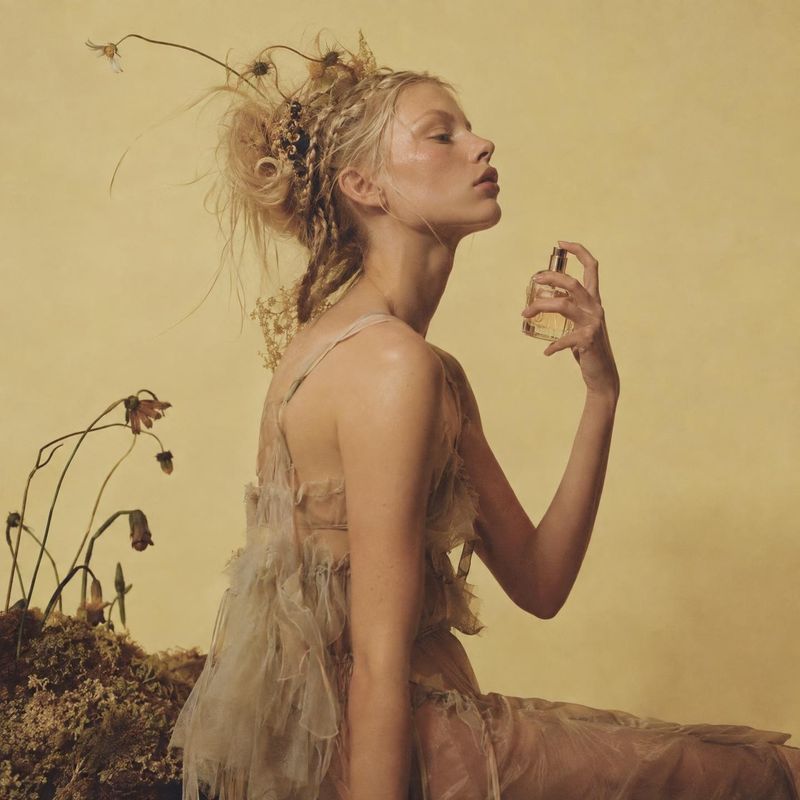 perfume look book product photo: A woman in a sheer, earthy-toned dress holds a perfume bottle against a warm ochre backdrop, with dried botanicals and soft, g…
