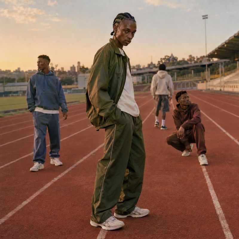 green tracksuit look book product photo: A model in a dark green tracksuit poses on a running track with three other men in casual sportswear, under warm sunse…