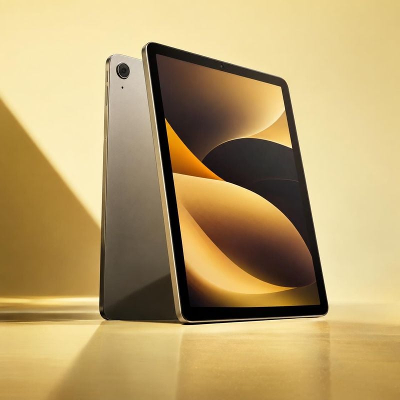 tablet packshot product photo: A dark tablet is displayed from the front and back against a warm golden studio backdrop, with dramatic directional light and op…