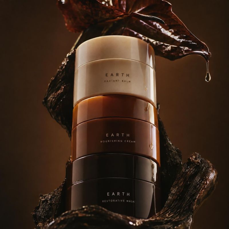 skincare cream jars close-up detail product photo: Three stacked skincare jars are nestled among glossy dark leaves and textured natural materials, lit with wa…