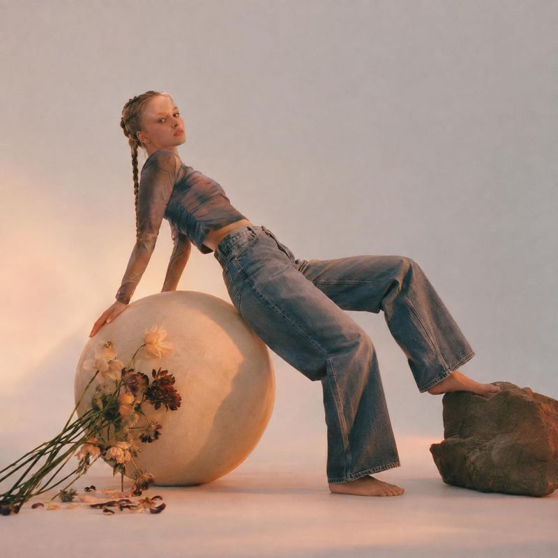 jeans and top look book product photo: A model in relaxed denim jeans and a sheer patterned top poses against a soft neutral studio backdrop, with flowers and…