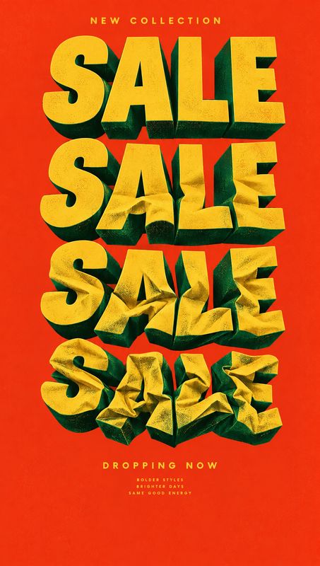 posters product photo: A bold sale poster stacks oversized, crumpled yellow lettering with dark green shadows against a vivid red background, creating a punchy…