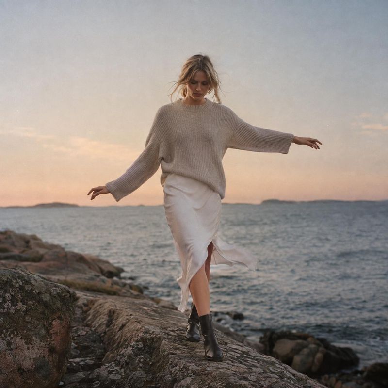 sweater and skirt look book product photo: A woman in a relaxed knit sweater, flowing skirt, and dark boots balances across seaside rocks under a softly glowin…