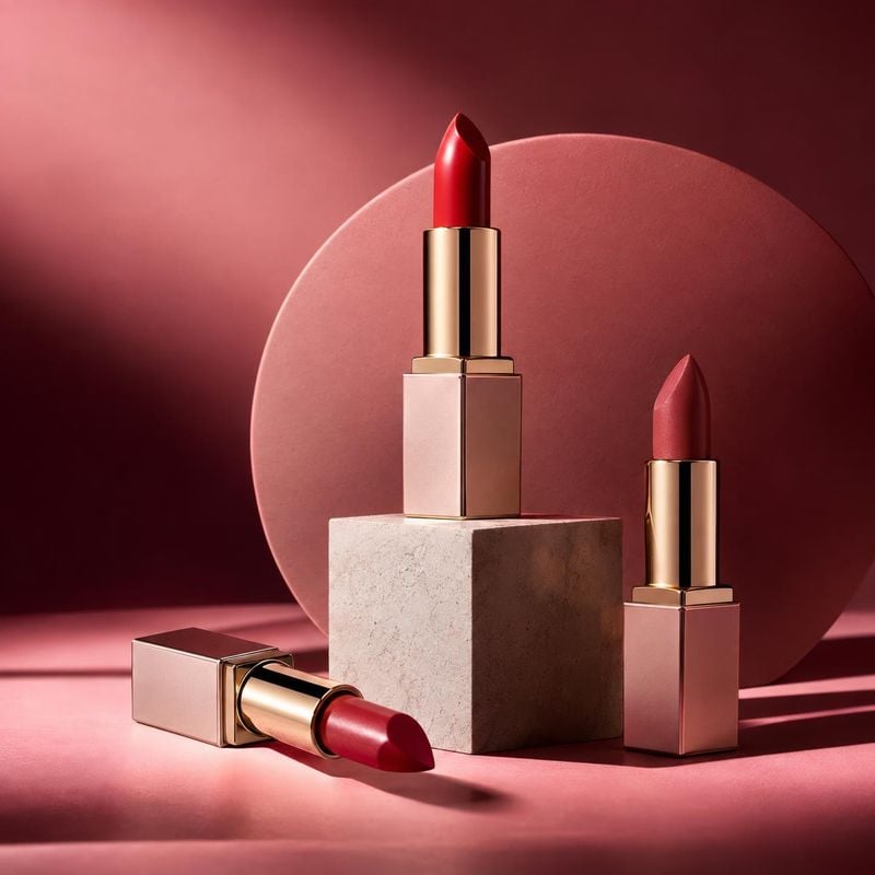 lipstick still life product photo: Three red-toned lipsticks are artfully arranged on geometric stone blocks against a circular blush backdrop, with dramatic w…