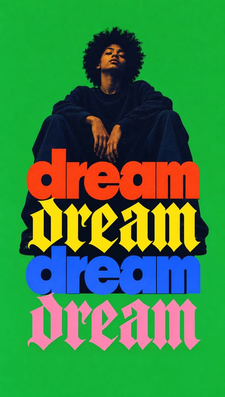posters product photo: A seated adult with natural curly hair wears dark clothing against a vivid green background, overlaid with oversized stacked “dream” let…