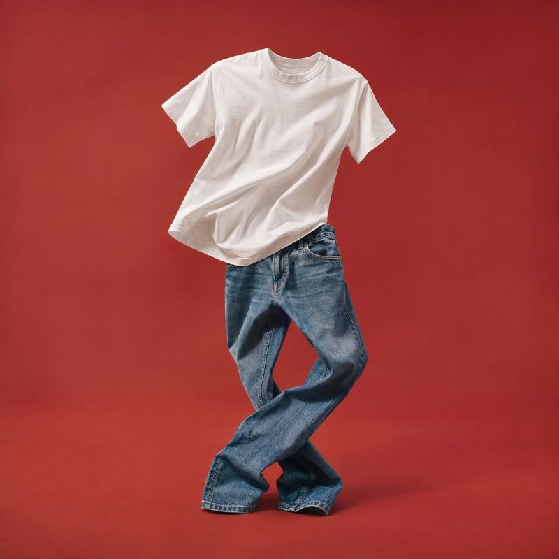 white T-shirt and blue jeans floating product product photo: A white T-shirt and blue jeans appear suspended in a playful pose against a bold red studio backdr…