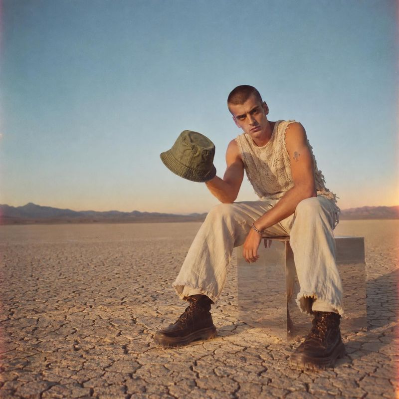 men's outfit and bucket hat look book product photo: A man in a distressed sleeveless top, loose pale trousers, boots, and a bucket hat sits on cracked desert…