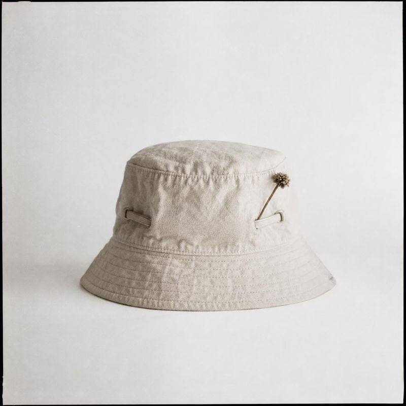 beige bucket hat packshot product photo: A softly lit beige bucket hat with a small dried-flower accent sits centered on a pale seamless backdrop, creating a c…
