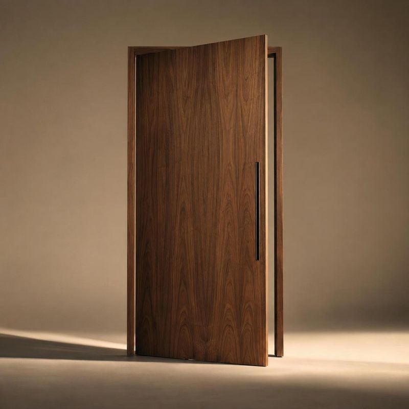 wooden interior door packshot product photo: A tall walnut-finish door stands slightly ajar against a warm beige studio backdrop, lit by soft directional light…