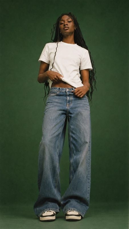 wide-leg jeans model try-on product photo: A model poses in a white cropped T-shirt, loose blue jeans and sneakers against a deep green studio backdrop, with s…