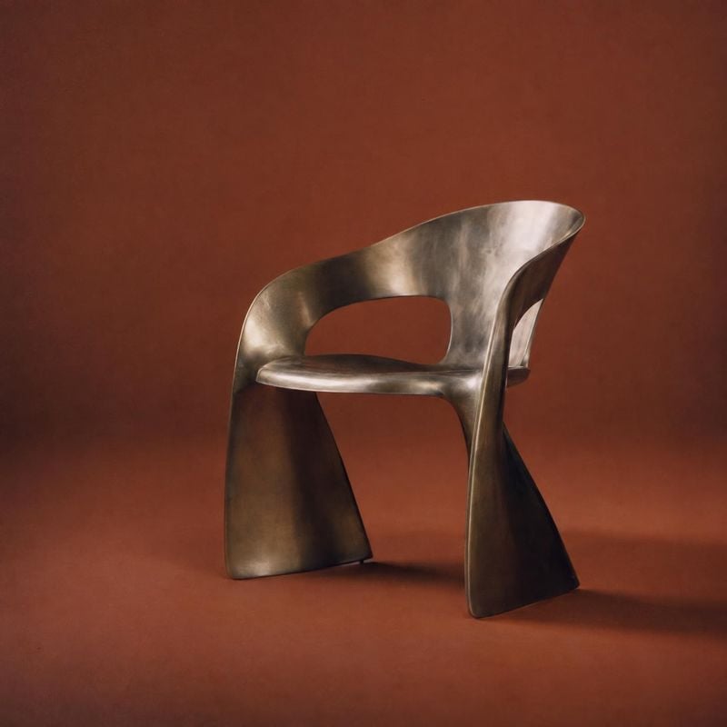 sculptural metal chair packshot product photo: A sculptural metallic chair stands alone against a warm terracotta studio backdrop, lit softly to emphasize its…