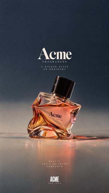 perfume bottle still life product photo: A sculptural amber perfume bottle sits on a reflective surface against a moody blue-gray studio backdrop, with elegant…