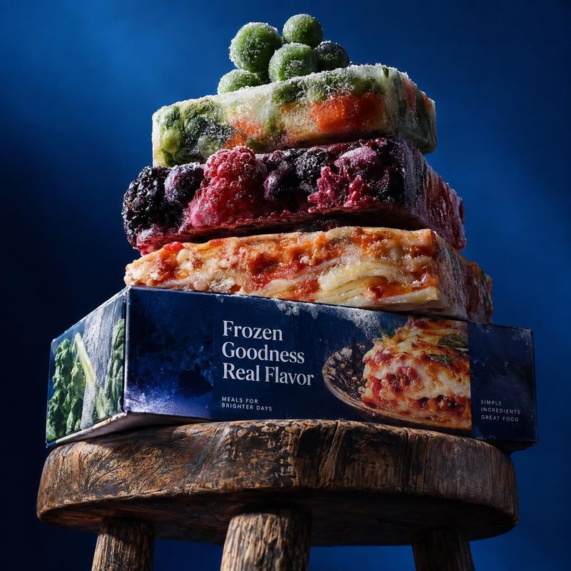 frozen meal box ingredients product photo: A box of frozen meals and stacked dishes topped with frosted fruit and vegetables sit on a rustic wooden stool again…