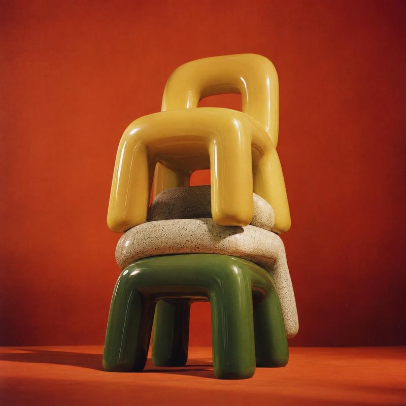 sculptural stools still life product photo: A stack of glossy yellow and deep green sculptural stools with a speckled cream stool between them stands against a…