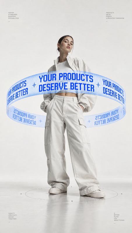 casual outfit look book product photo: A model poses in a relaxed white outfit against a minimalist studio backdrop, encircled by a bold blue typographic ribbo…
