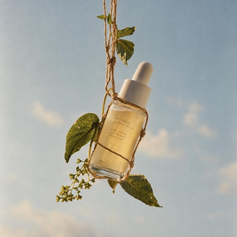 botanical repair serum ingredients product photo: A glass dropper bottle of botanical repair serum hangs among leafy vines against a softly clouded blue sky, l…