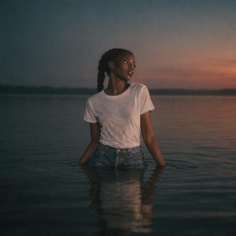white T-shirt and jeans look book product photo: A model in a simple white T-shirt and jeans stands waist-deep in calm water at dusk, with soft twilight color…