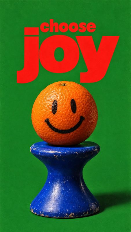 orange still life product photo: A smiling orange sits atop a worn blue pedestal against a vivid green studio backdrop, beneath bold red “choose joy” typograph…