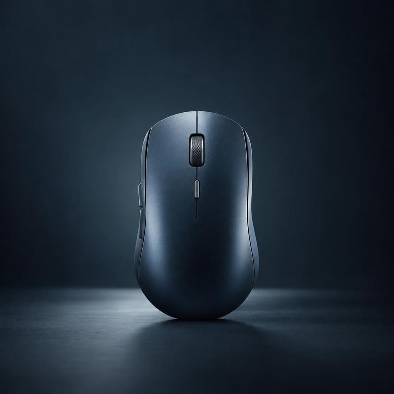 computer mouse packshot product photo: A sleek dark computer mouse stands centered on a reflective studio surface, lit with cool directional light against a de…