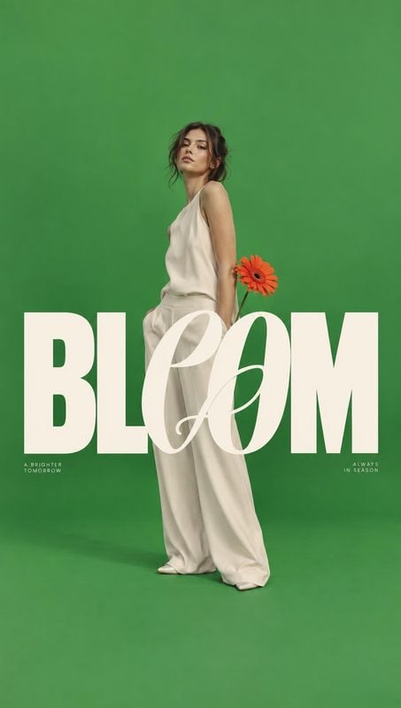 cream sleeveless top and wide-leg trousers look book product photo: A model in a flowing cream outfit poses with an orange flower against a vivid green studio…