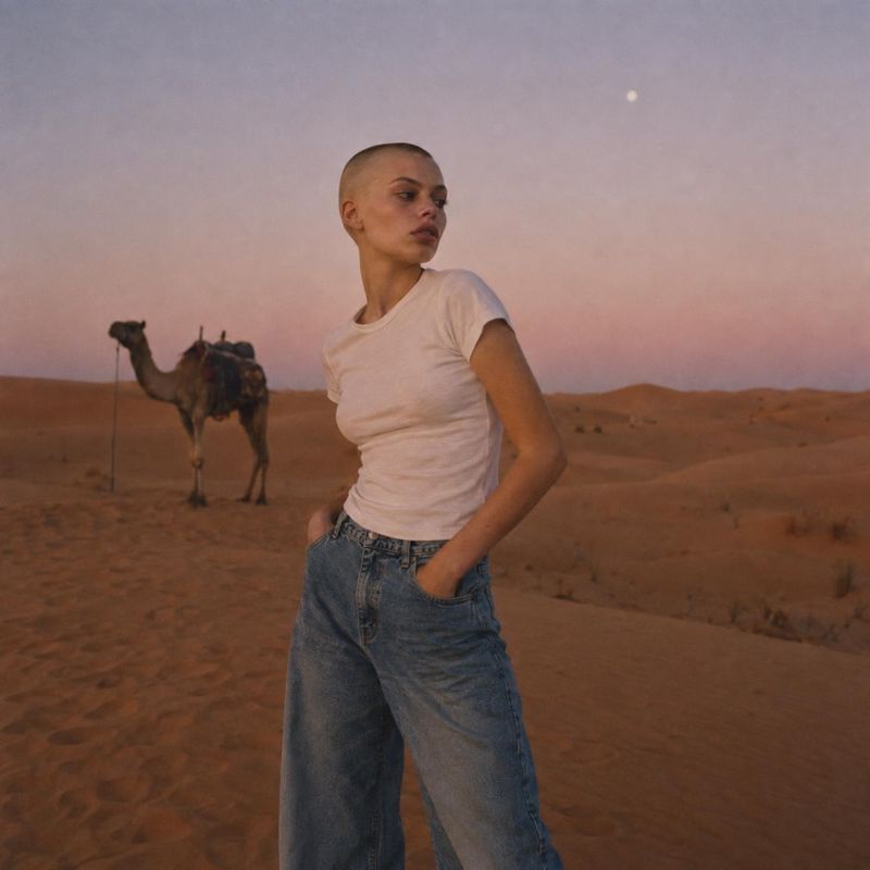 casual outfit look book product photo: A model in a white tee and relaxed blue jeans poses among desert dunes at dusk, with a camel behind her and soft pink ev…